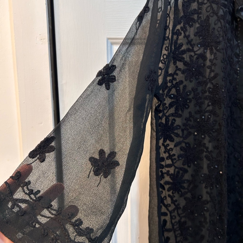 Black Embroidered Organza Cover Up Women Sz 42 US 12 Feminine Sexy Sheer Sequin - Picture 3 of 11